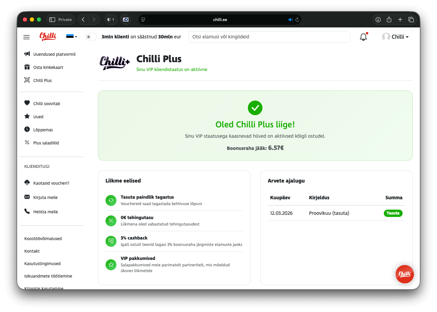 Chilli Plus kasutajad saavad 3% cashbacki iga ostuga